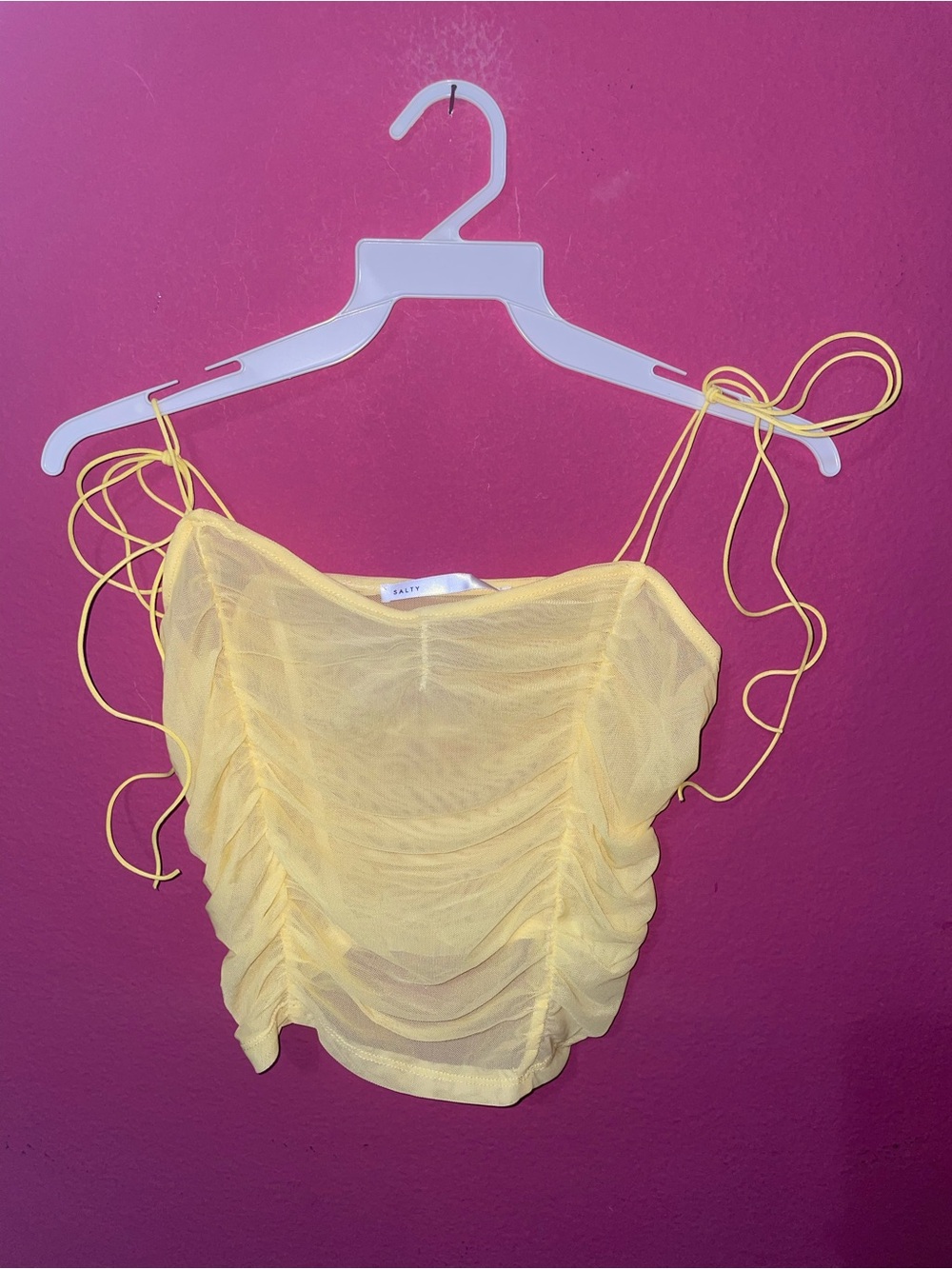 Yellow Ruched Mesh Tie-Shoulder Camisole